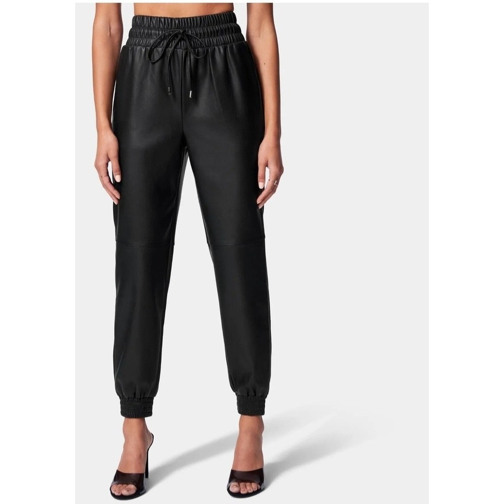 Bebe Black Faux Leather Joggers High Waist Drawstring Pants L‎ EUC